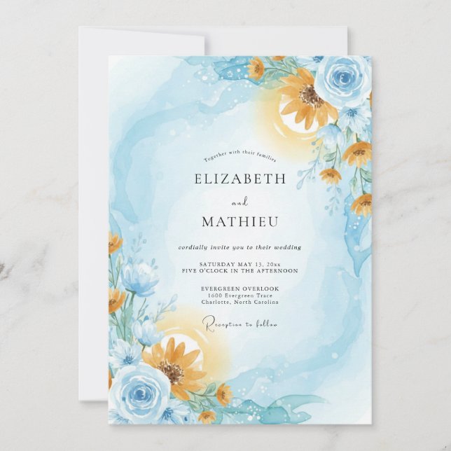 Convite Casamento Girassol Eucalipto Âmbar Azul (Frente)