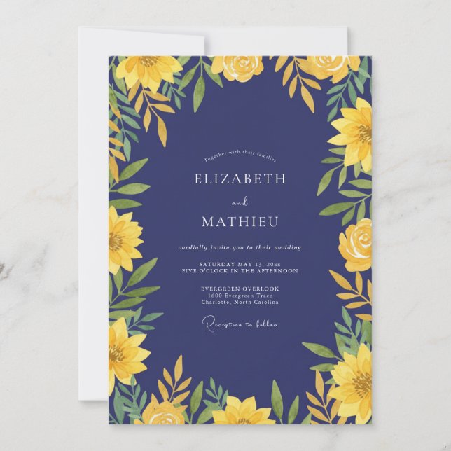 Convite Casamento Girassol Eucalipto Dourado Índigo (Frente)
