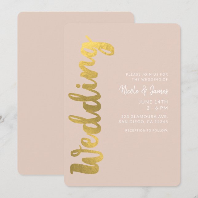 Convite Casamento Glam Bege Moderno Brilhante com Imitação (Frente/Verso)