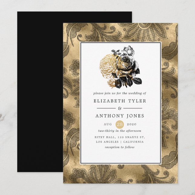 Convite Casamento Glam Black e Gold (Frente/Verso)