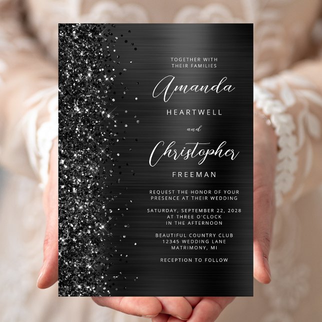 Convite Casamento Glam Black Metal Fosco Brilhante Script (Criador carregado)