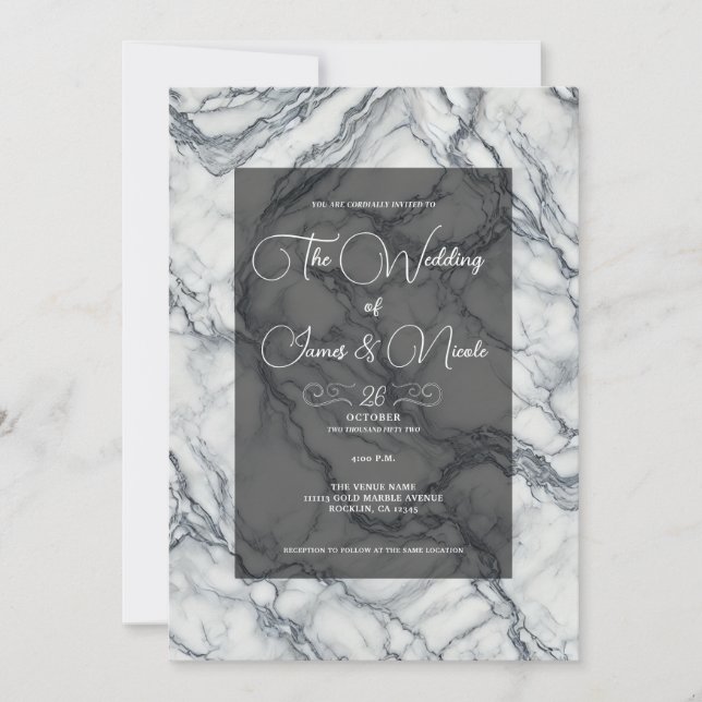 Convite Casamento Glam Chic Cinza e Mármore Branco e  (Frente)