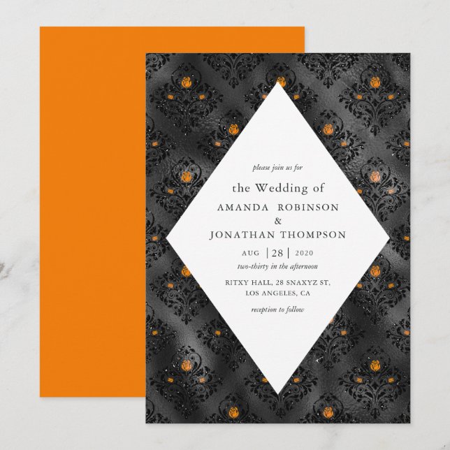 Convite Casamento Glam com Faux Foil Damasco Laranja e Pre (Frente/Verso)