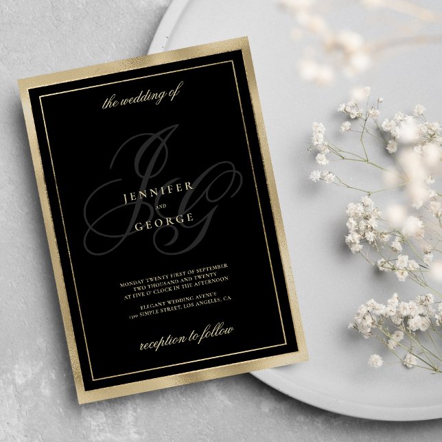 Convite Casamento glam com iniciais de monograma de ouro n (Elegant black gold monogram initials glam wedding )