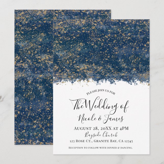 Convite Casamento Glam Moderno com Salpicos de Azul Dourad (Frente/Verso)
