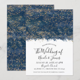Convite Casamento Glam Moderno com Salpicos de Azul Dourad