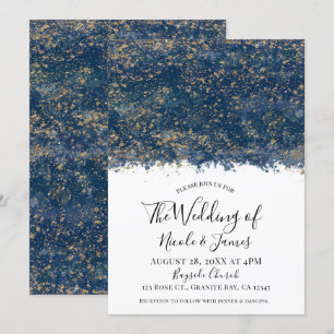 Convite Casamento Glam Moderno com Salpicos de Azul Dourad