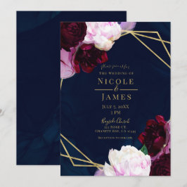 Convite Casamento Glam Moderno Floral Azul Naval Sombrio D