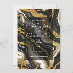Convite Casamento Glam Vista Mármore Preto Branco Dourado