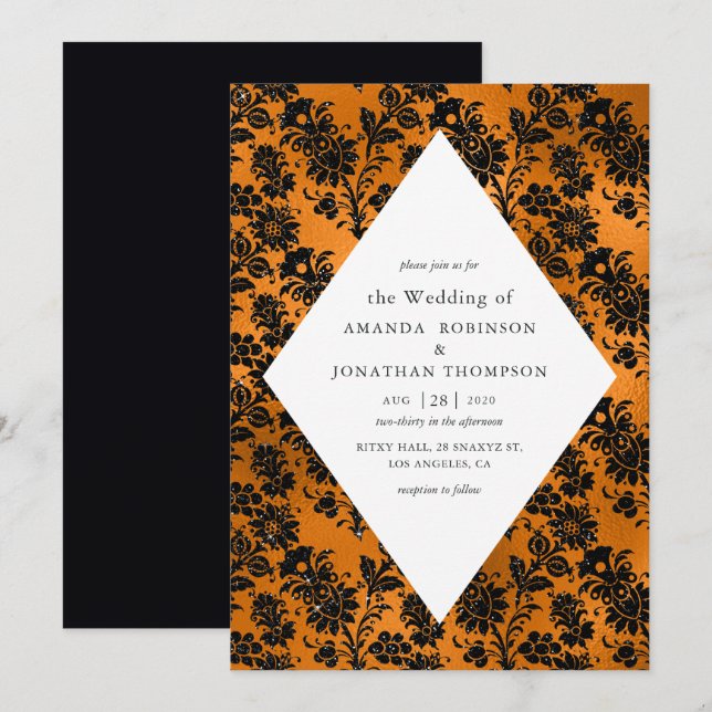Convite Casamento Glamour Laranja e Preto com Faux Foil (Frente/Verso)