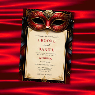 Convite Casamento Glamouroso Art Déco com Máscara Vermelha
