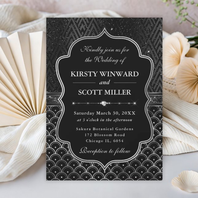 Convite Casamento Glamouroso Art Déco Preto Prateado (Criador carregado)