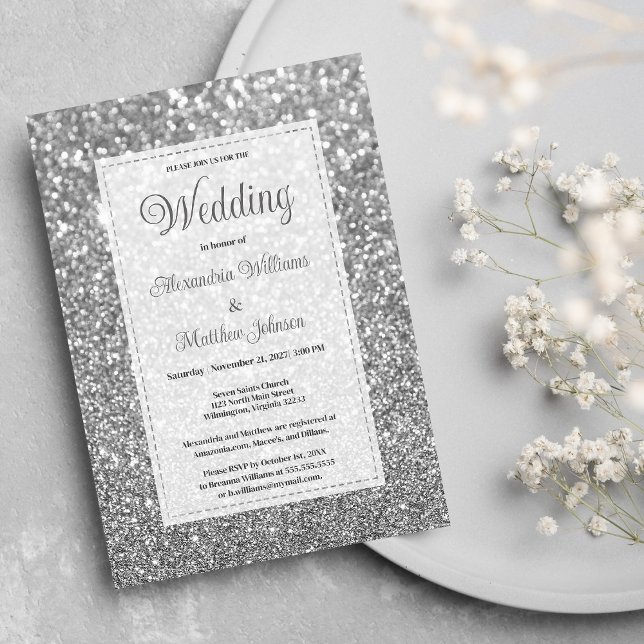 Convite Casamento glamouroso com brilho prateado de luxo (Luxury silver sparkly glitter glam Wedding )