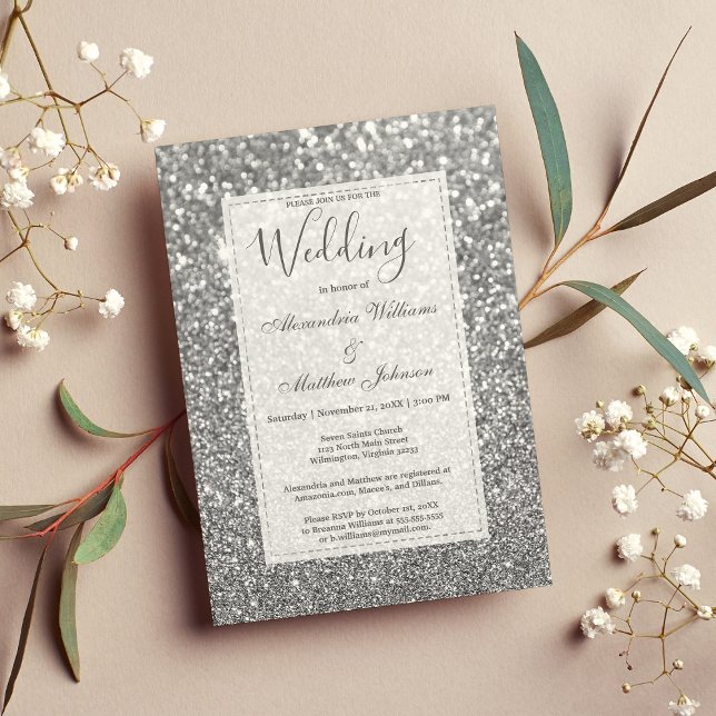 Convite Casamento glamouroso de prata da moda (Chic glamorous trendy silver glitter Wedding Invitation)