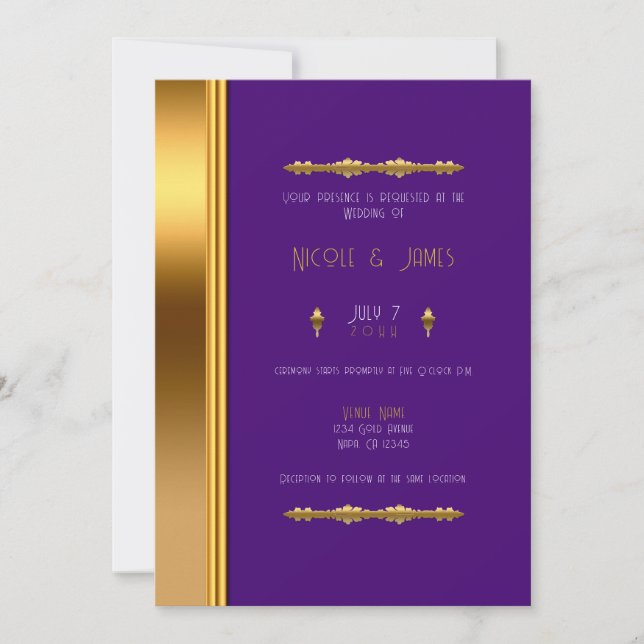 Convite Casamento Glamouroso Elegante Dourado Roxo Real (Frente)
