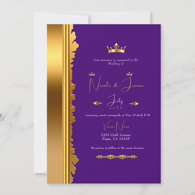 Convite Casamento Glamouroso Elegante Dourado Roxo Real (Frente)