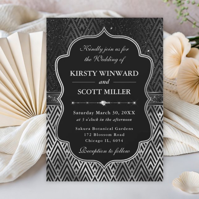 Convite Casamento Glamouroso Preto Prata Art Déco (Criador carregado)