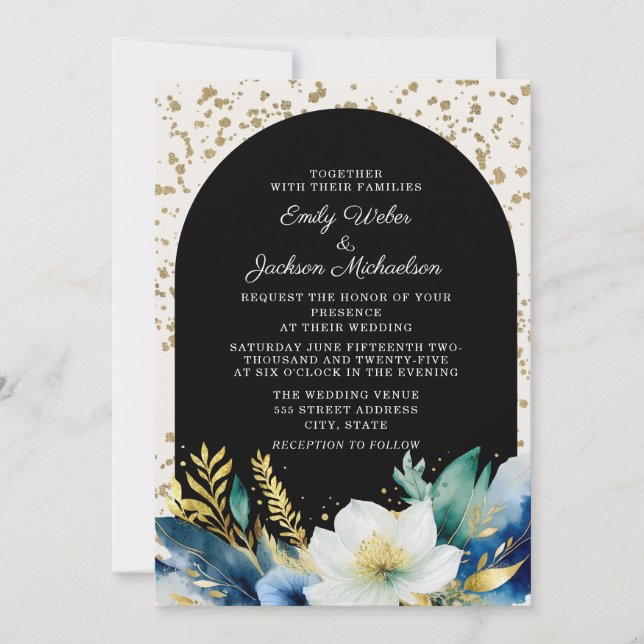 Convite Casamento Glitter Arco Floral Branco Naval Dourado (Frente)
