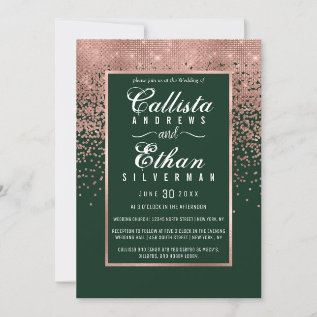 Convite Casamento Glitter Confetti, Rosa Verde-Chic (Frente)