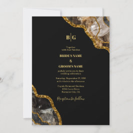 Convite Casamento Glitter de Geodo de Agato Preto e Dourad