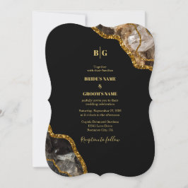 Convite Casamento Glitter de Geodo de Agato Preto e Dourad