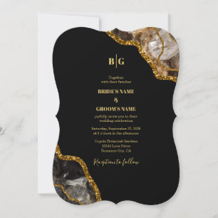 Convite Casamento Glitter de Geodo de Agato Preto e Dourad