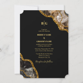 Convite Casamento Glitter de Geodo de Agato Preto e Dourad