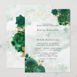 Convite Casamento Glitter Dourado de Emerald Green Peony
