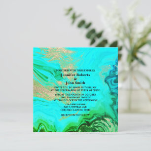 Convite Casamento Glitter Dourado Verde Azul-Teal Agate Ge