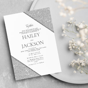 Convite Casamento glitter geométrico branco elegante prata