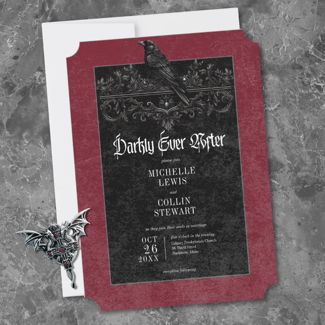 Convite Casamento Gothic Black Raven Wine Darkly Ever Afte (Gothic Black Raven Wine Darkly Ever After Wedding Invitation)