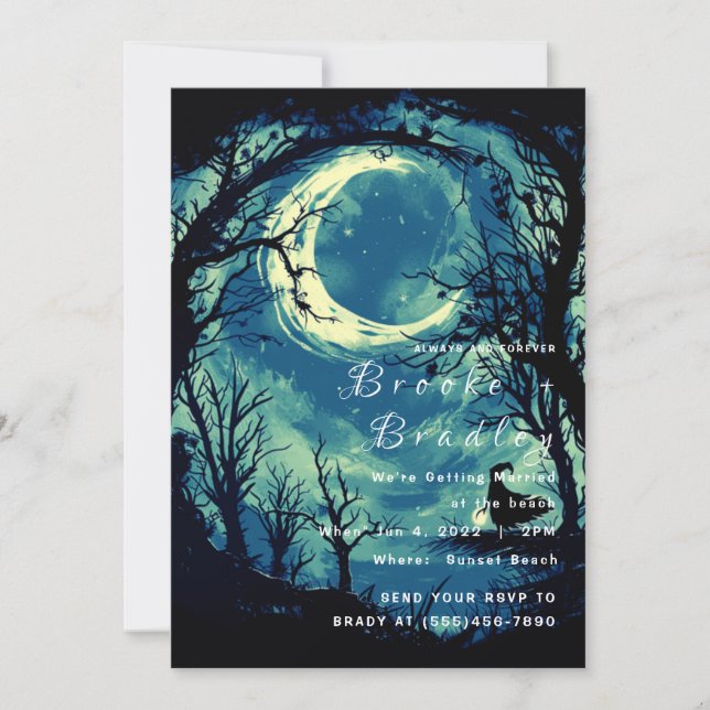 Convite Casamento Gótico Azul-Verde ao Luar (Frente)