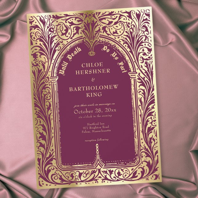 Convite Casamento Gótico Borgonha Dourado Medieval Até a M (Gothic Burgundy Gold Medieval Until Death Wedding Invitation)