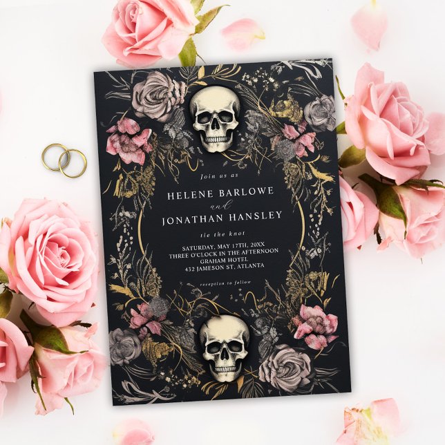 Convite Casamento Gótico-Cabeça-Escura-Escura-Floral (Skull Gothic Floral Dark Wedding Invitation)