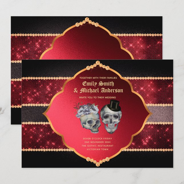 Convite Casamento Gótico Cabelos Dourados De Cinzas Vermel (Frente/Verso)