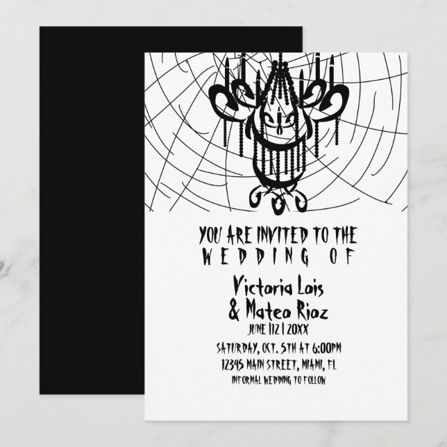 Convite Casamento Gótico Candeeiro Teia de Aranha Preto    (Frente/Verso)