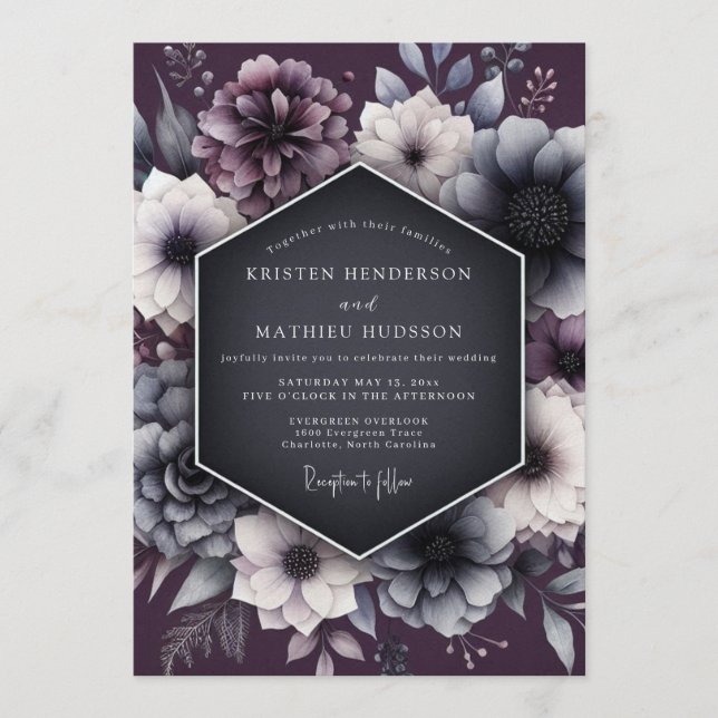 Convite Casamento Gótico Carvão & Mauve (Frente)