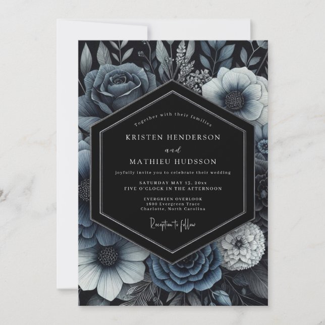 Convite Casamento Gótico Cativante Azul Marinho (Frente)