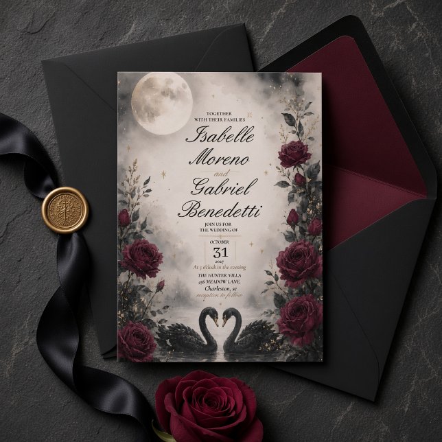 Convite Casamento Gótico Cisne Negro ao Luar (Criador carregado)