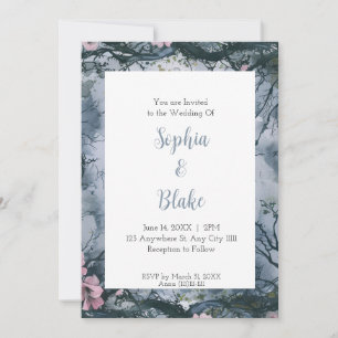 Convite Casamento Gótico com Aquarela Azul Cinza