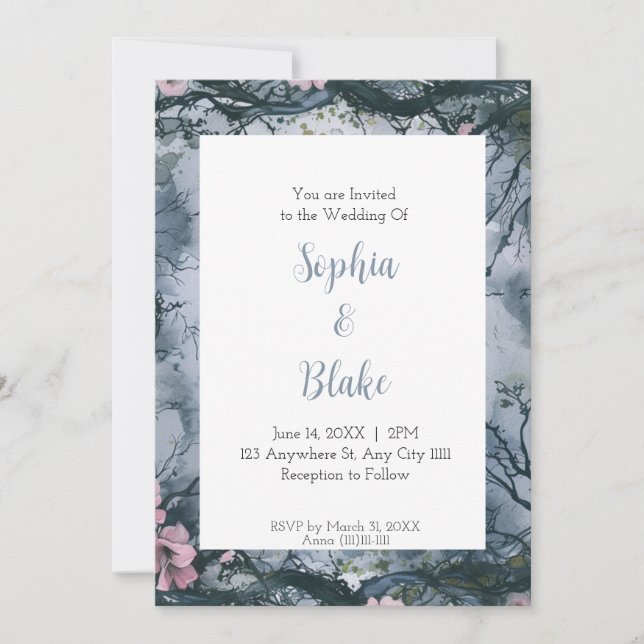 Convite Casamento Gótico com Aquarela Azul Cinza (Frente)