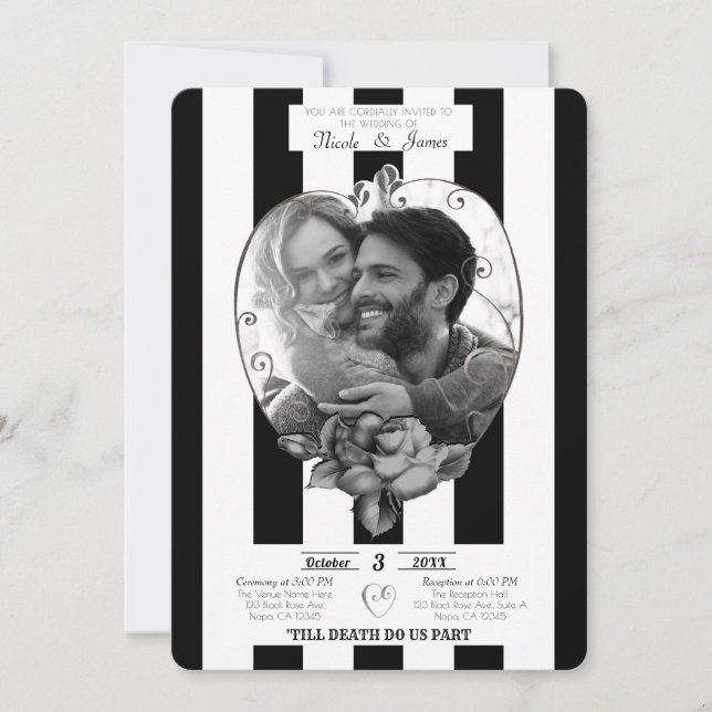 Convite Casamento Gótico com Casamento de Foto em Black Wh (Frente)