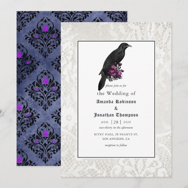 Convite Casamento Gótico com Damasco Floral e Renda (Frente/Verso)