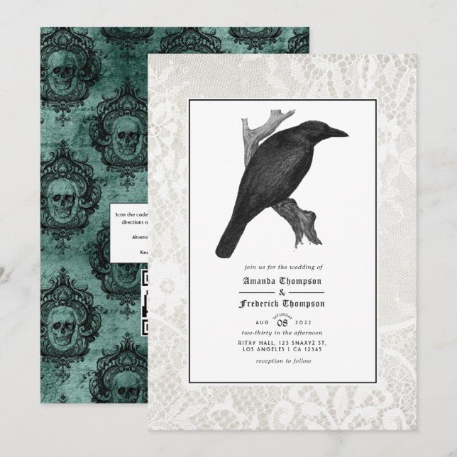 Convite Casamento Gótico Corvo e Renda (Frente/Verso)