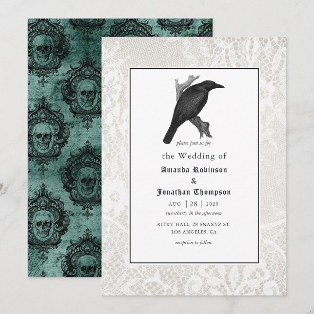 Convite Casamento Gótico Crânio e Renda (Frente/Verso)