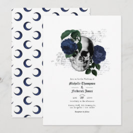 Convite Casamento Gótico de Caveira Floral Azul Marinho