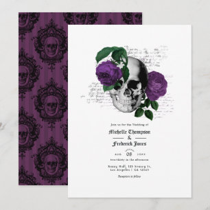 Convite Casamento Gótico de Caveira Floral Roxo