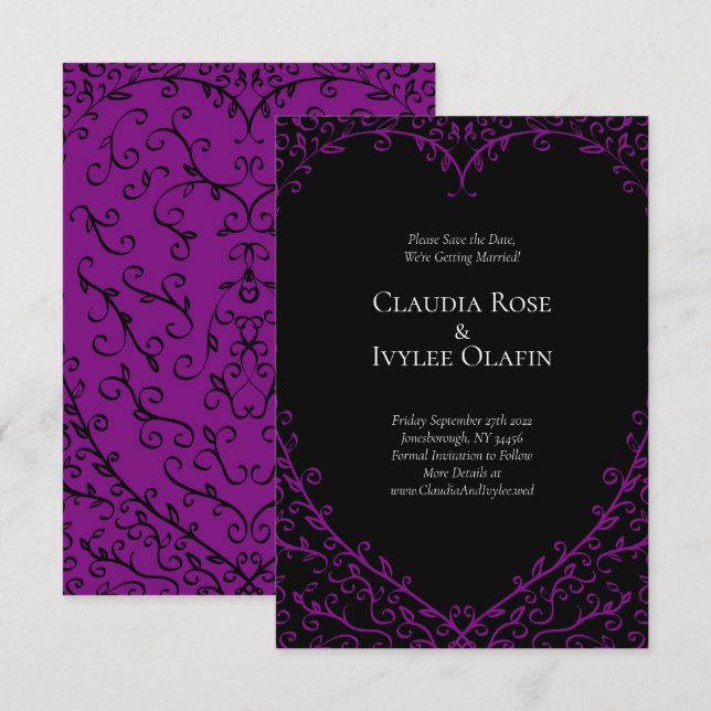 Convite Casamento Gótico de Coração Roxo e Negro Salve a D (Frente/Verso)