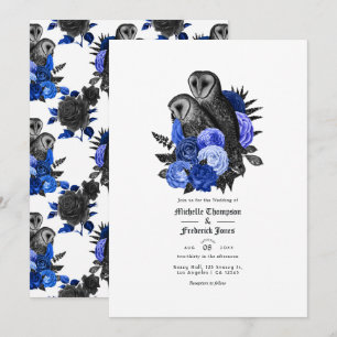 Convite Casamento Gótico de Corujas Azul Real Vintage