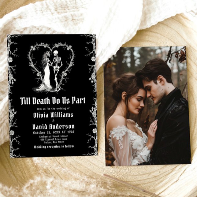 Convite Casamento Gótico de Halloween Até que a Morte Nos  (Halloween Till Death Do Us Part Gothic Wedding Invitation)